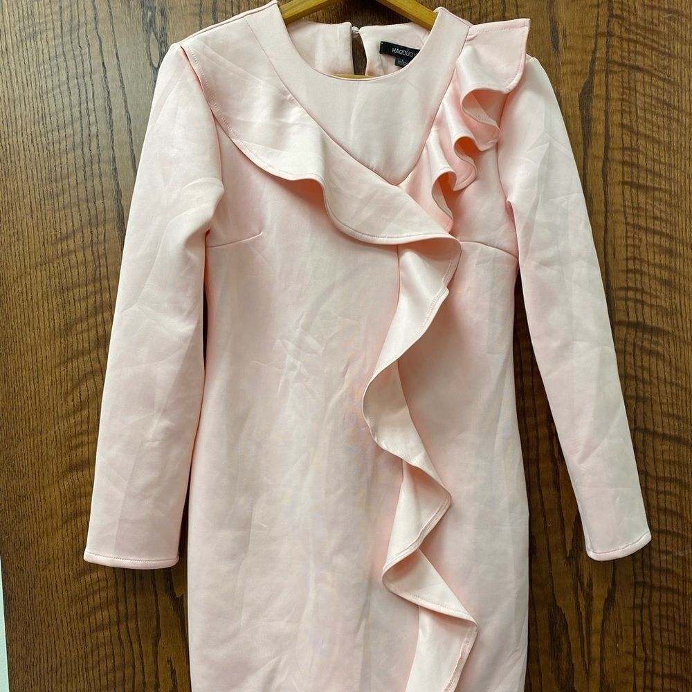 HAODUOYI pale pink ruffle front long sleeve sheath dress
